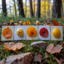 three small cards on the ground with a group of fruit in them
