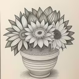 a drawing of a vase filled with lots of flowers