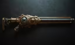 a golden and brown rifle sitting on top of a black table