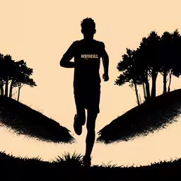 a man running on a path between two trees