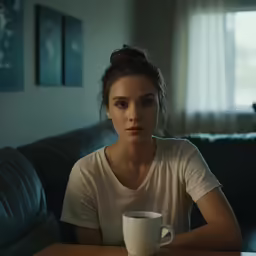 a girl sitting on a couch with a coffee cup