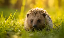 an hedgehog is walking through some grass