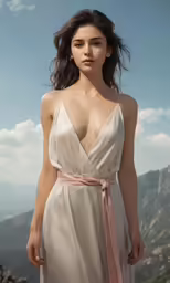 a woman standing in front of the camera wearing a nude colored gown