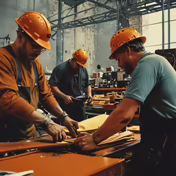 three workers are doing work in a factory