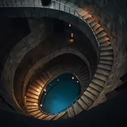 a spiral staircase next to a pool in a dimly lit building
