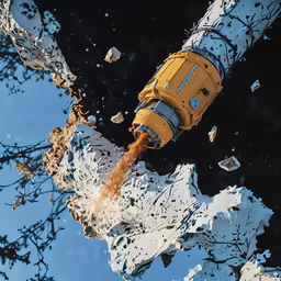 a yellow and gray fire hydrant in a puddle of water