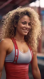 the young woman is smiling in her red and grey top,a girl with blond hair in a gray and red sports suit