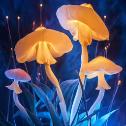 the three glowing mushrooms appear to be in a garden