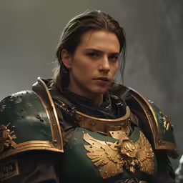 a woman in armor looking forward at something
