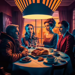 a man sits at a table with four people drinking tea