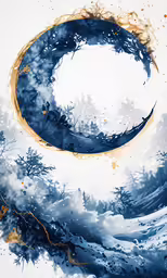 an abstract painting depicting trees and clouds