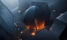 an unusual looking building with its lights on