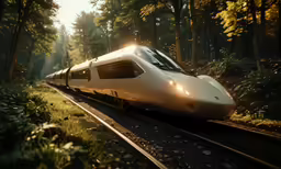 a sleek train is driving along the tracks through a beautiful woods