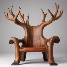 the unusual chair is made from wood and has a red cushion