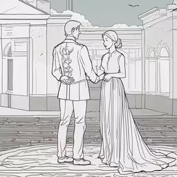 the illustration shows a couple holding hands,an old black and white coloring book with the illustration of a man and woman in formal clothing
