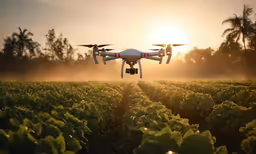 a white quad cop holding two large propellers in the middle of green field