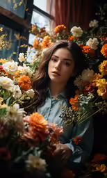 an image of a girl hiding behind flowers
