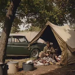 there is a guy setting up his tent in the dirt