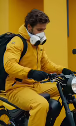 man with yellow sports outfit sitting on his motorcycle wearing headphones