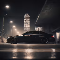 black car parked under a bridge next to a building