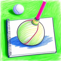 a drawing of a ball and a plastic cricket bat sitting on the cover of a notebook