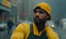 a man is holding his head on his hand while he looks into the distance