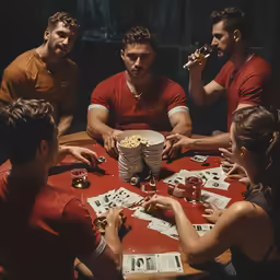 four men sitting around a table drinking beer
