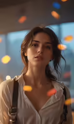 an attractive young lady with white shirt and suspenders