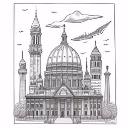 an architectural drawing of a domed building,a black and white illustration of an architectural building