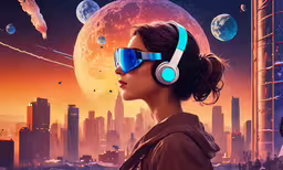 the headphones in this illustration are all kind of futuristic,a woman wearing a pair of headphones is looking at a space ship