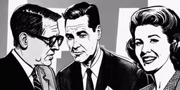 four people with headsets are talking and one is wearing a suit,a line drawing of three people standing together