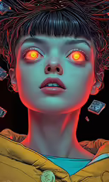 the red eyes of this character are glowing while she stares towards the distance