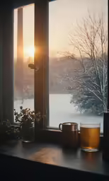 a window and tea pot on a table