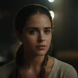 the woman looks into the camera with a puzzled expression