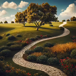 a painting of a winding path in a field with flowers on either side