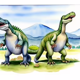 two green, grey, and white dinosaurs are walking on a green area