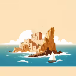 an illustration of an island with a sail boat in the water