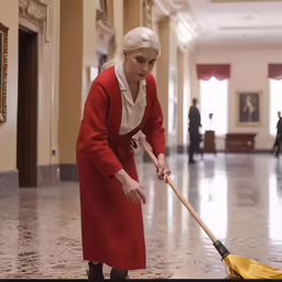 woman with white hair cleaning tiled floor of large hall