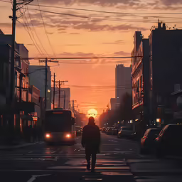 a man walks alone down the street at sunset