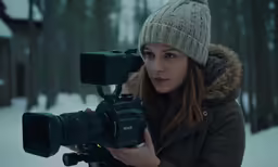 a girl holding a camera in front of a camera
