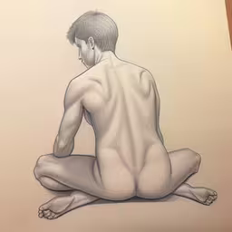 a pencil drawing of a man seated on the ground,a drawing of a naked young man sits on the ground