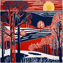 an image of a red landscape with trees and moon,an image of a large print of a sunset and trees