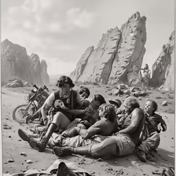 many people sit on the beach with a motorbike