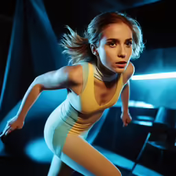 an artistic image of a woman in yellow and white bodysuit