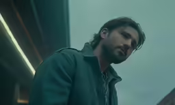 a man standing in front of some lights, looking at the camera