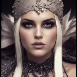 a beautiful woman wearing silver jewelry and hair