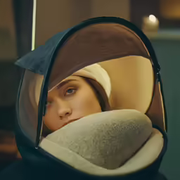 woman with head covering and large cushions in front of a mirror