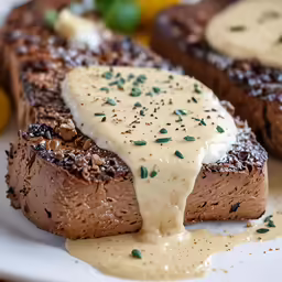 a plate with a baked chocolate bread with cream on it
