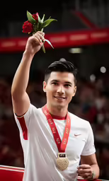a man in white jersey holding flowers and a medal