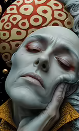a woman with dark skin and white skin, her head tilted to the side while covered in red, orange and brown objects